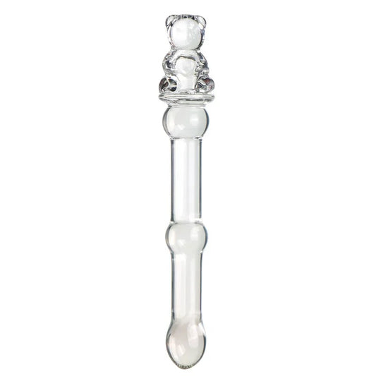 Upright petite glass wand with a clear teddy bear handle and slim shaft against a clean white background.