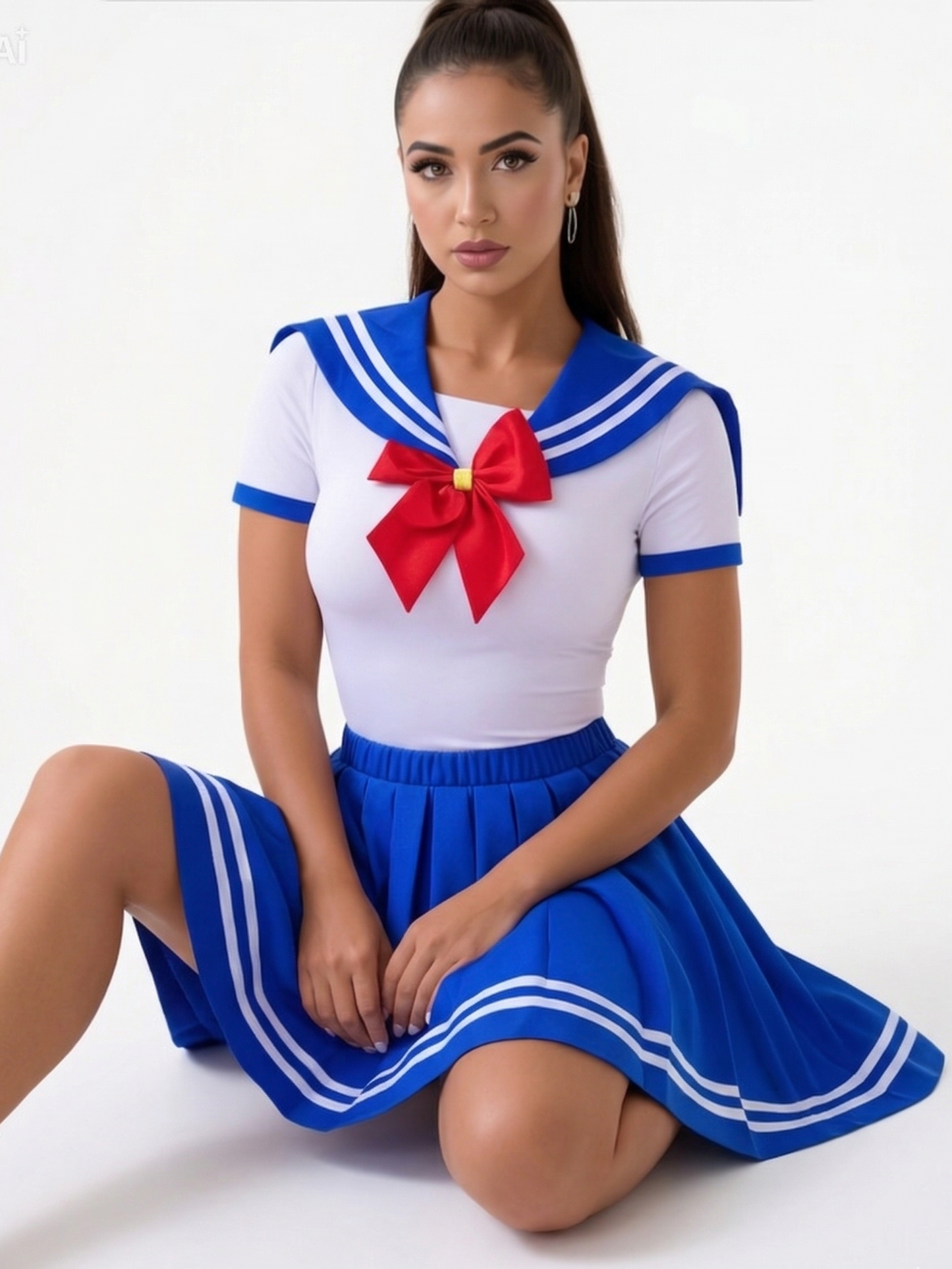 Sailor Moon inspired onesie and blue pleated skirt set for Kawaii BDSM fashion