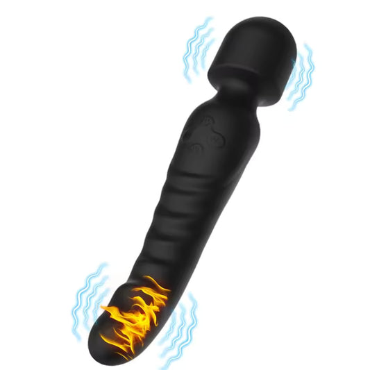 Graphic illustration of the black version of the dual-ended wand vibrator, highlighting the heated tip function with orange flame graphics and vibration waves.