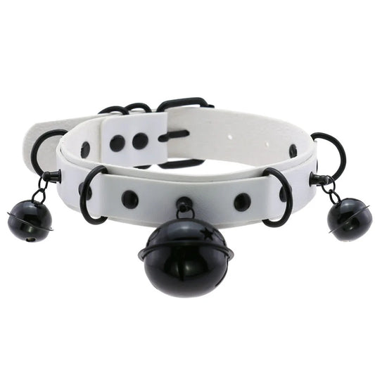 The white leather kitty cat bell collar variation featuring contrasting black bells and black metal hardware.