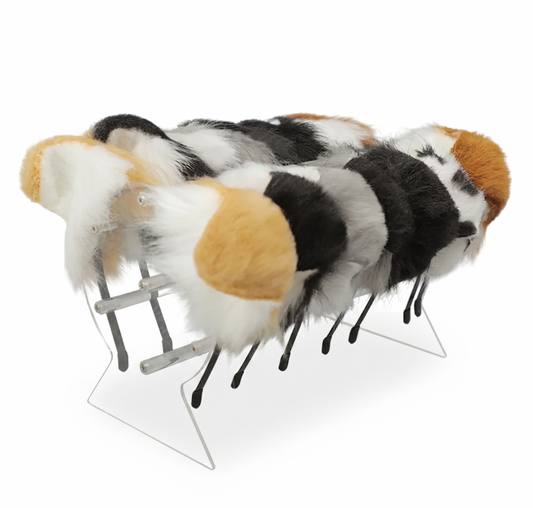 A clear acrylic display stand neatly organizing several fluffy faux fur animal ears on headbands, showcasing a wide variety of color options including tricolor, brown and white, and solid black, ideal for alternative BDSM and cosplay gear.