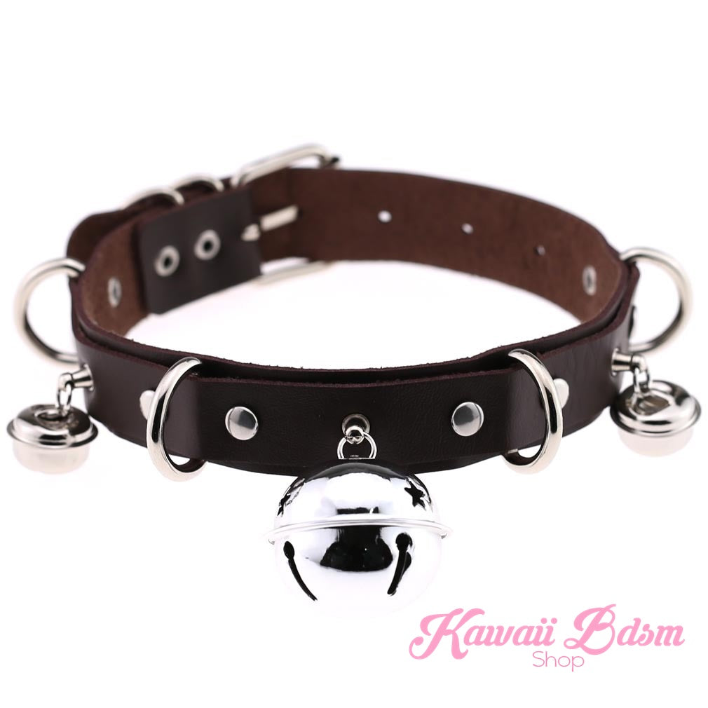 The rich dark brown leather cat bell collar variation with traditional silver metal hardware and a central jingle bell.