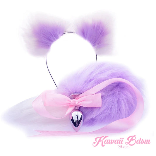 Lilac purple lavender pastel White vegan faux fur tail plug ears set silicone stainless steel bunny neko catgirl cat kittenplay kitten girl boy petplay pet sexy adult toys buttplug plug anal ass submissive ddlg cgl mdlg mdlb ddlb little aesthetic japanese sexy adult couple ddlgworld ddlgplayground by Kawaii BDSM - cute and kinky / Worldwide Free Shipping (4341030846516)