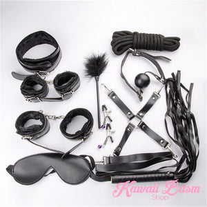Bdsm kit Set 10 pcs gag hand cuffs collar leash ankle cuffs whip paddle nipple clamps  feather rope shibari bondage cute black fetish aesthetic ddlg cglg mdlg ddlb mdlb little submissive restraints sex couple by Kawaii BDSM - cute and kinky / Worldwide Free Shipping (10886152391)