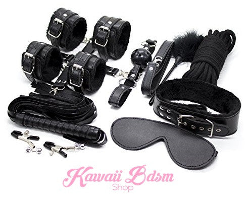 Bdsm kit Set 10 pcs gag hand cuffs collar leash ankle cuffs whip paddle nipple clamps feather rope shibari bondage cute black fetish aesthetic ddlg cglg mdlg ddlb mdlb little submissive restraints sex couple by Kawaii BDSM - cute and kinky / Worldwide Free Shipping (10886152391)