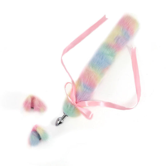 pastel rainbow galaxy tail buttplug tail ears rabbit cat fox pink blue ddlg petplay Kawaii Bdsm kitten play