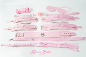 Bdsm kit Set 10 pcs pet bone gag hand cuffs collar leash ankle cuffs whip paddle nipple clamps  feather rope shibari bondage cute pink aesthetic ddlg cglg mdlg ddlb mdlb little submissive restraints sex couple by Kawaii BDSM - cute and kinky / Worldwide Free Shipping (10885266311)