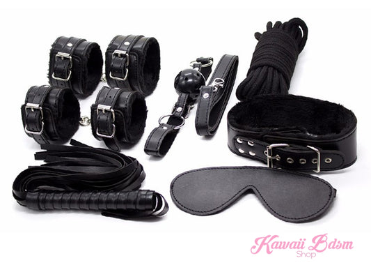 Bdsm kit Set 10 pcs pet bone gag hand cuffs collar leash ankle cuffs whip paddle nipple clamps feather rope shibari bondage cute black aesthetic ddlg cglg mdlg ddlb mdlb little submissive restraints sex couple by Kawaii BDSM - cute and kinky / Worldwide Free Shipping (11017516999)