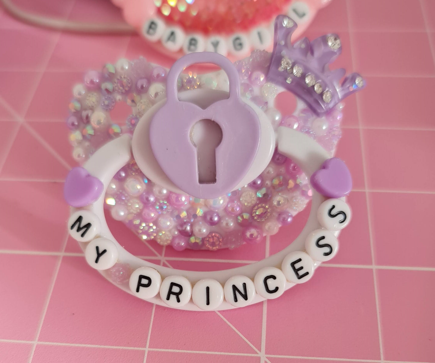 crown princess purple lavander hearts custom handmade pacifier adult ageplay ddlg mdlg caregiver babygirl baby cute prince love crystal encrusted kawaii bdsm shop