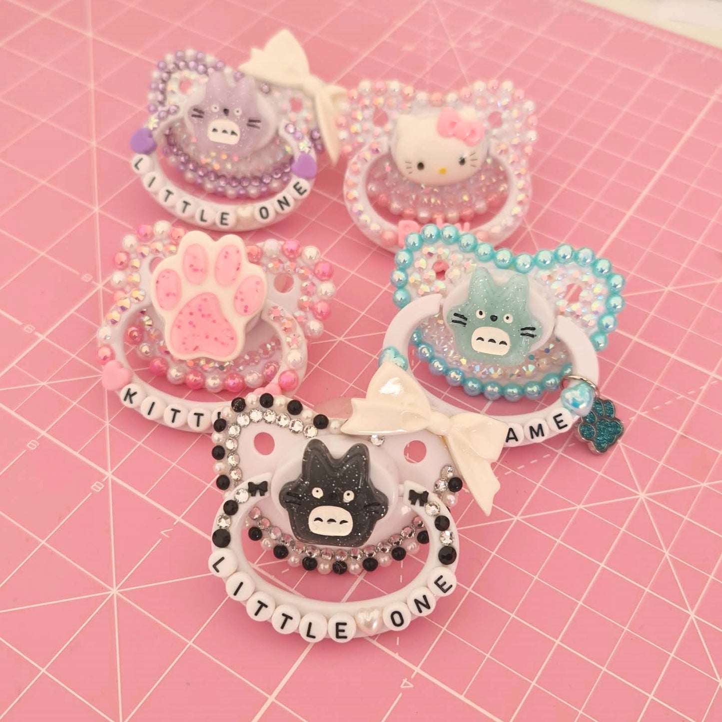 fully handmade adult pacifiers paw hello kitty tototro bow crystal encrusted  ddlg mdlg babygirl geplay petplay kitten cute pink pastel  little one daddy kawaii bdsm shop