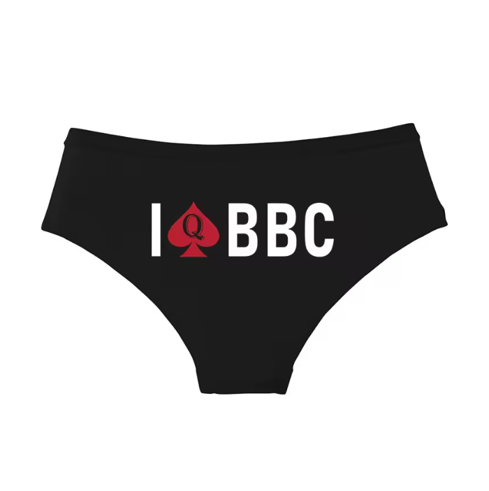 Sexy black undies with spade logo and BBC text. Interracial kink and cuckold fantasy underwear.