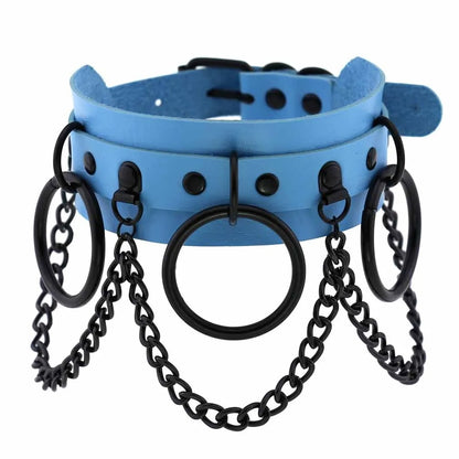 Baby blue vegan leather Brat collar with black hardware and delicate chain drapes.