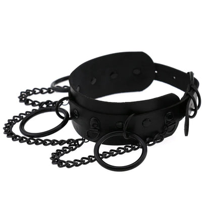 Black Brat collar viewed from the side, showing durable vegan leather structure and side rings for leash attachment.