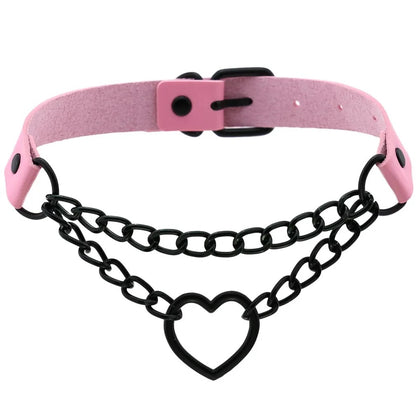 The pastel pink leather Chain Heart Choker variation designed with contrasting matte black hardware chains and a black heart ring.