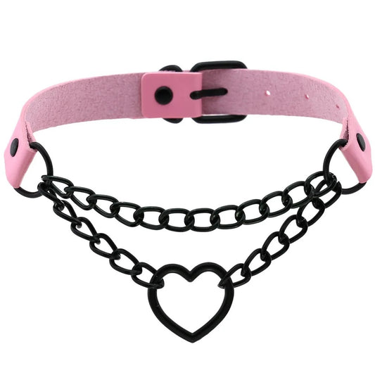 The pastel pink leather Chain Heart Choker variation designed with contrasting matte black hardware chains and a black heart ring.
