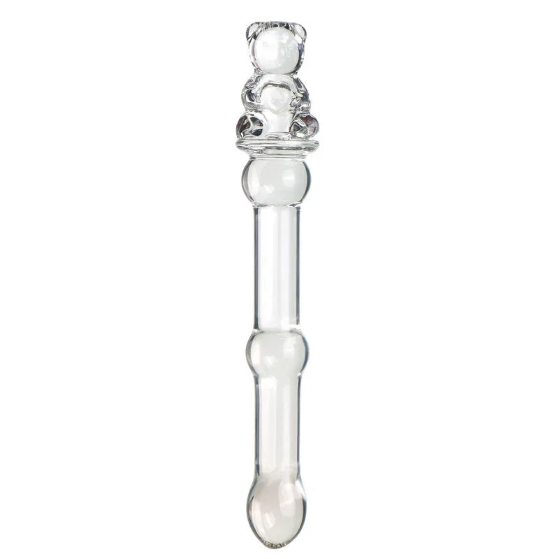 Upright petite glass wand with a clear teddy bear handle and slim shaft against a clean white background.