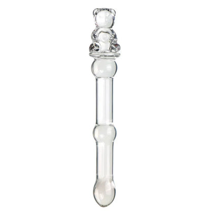 Upright petite glass wand with a clear teddy bear handle and slim shaft against a clean white background.