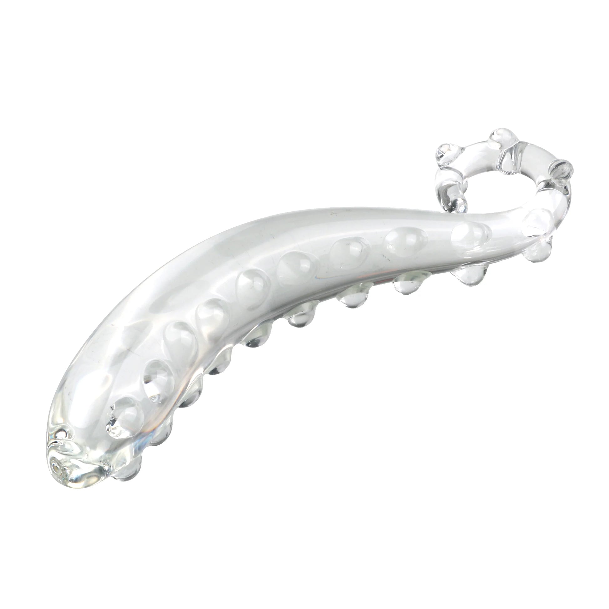 Crystal clear thick curl glass tentacle dildo highlighting the deep, textured suction cup rings on a white surface.