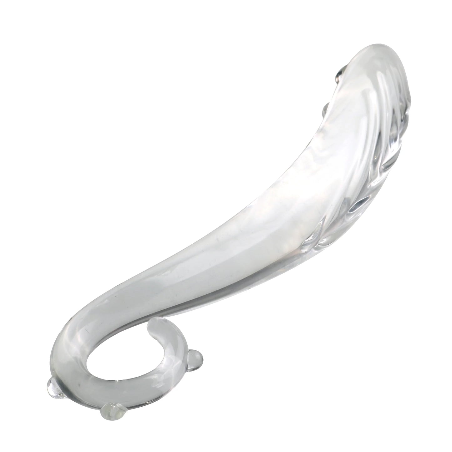 Upright clear glass tentacle fantasy wand in the slender slim wave design against a white background.