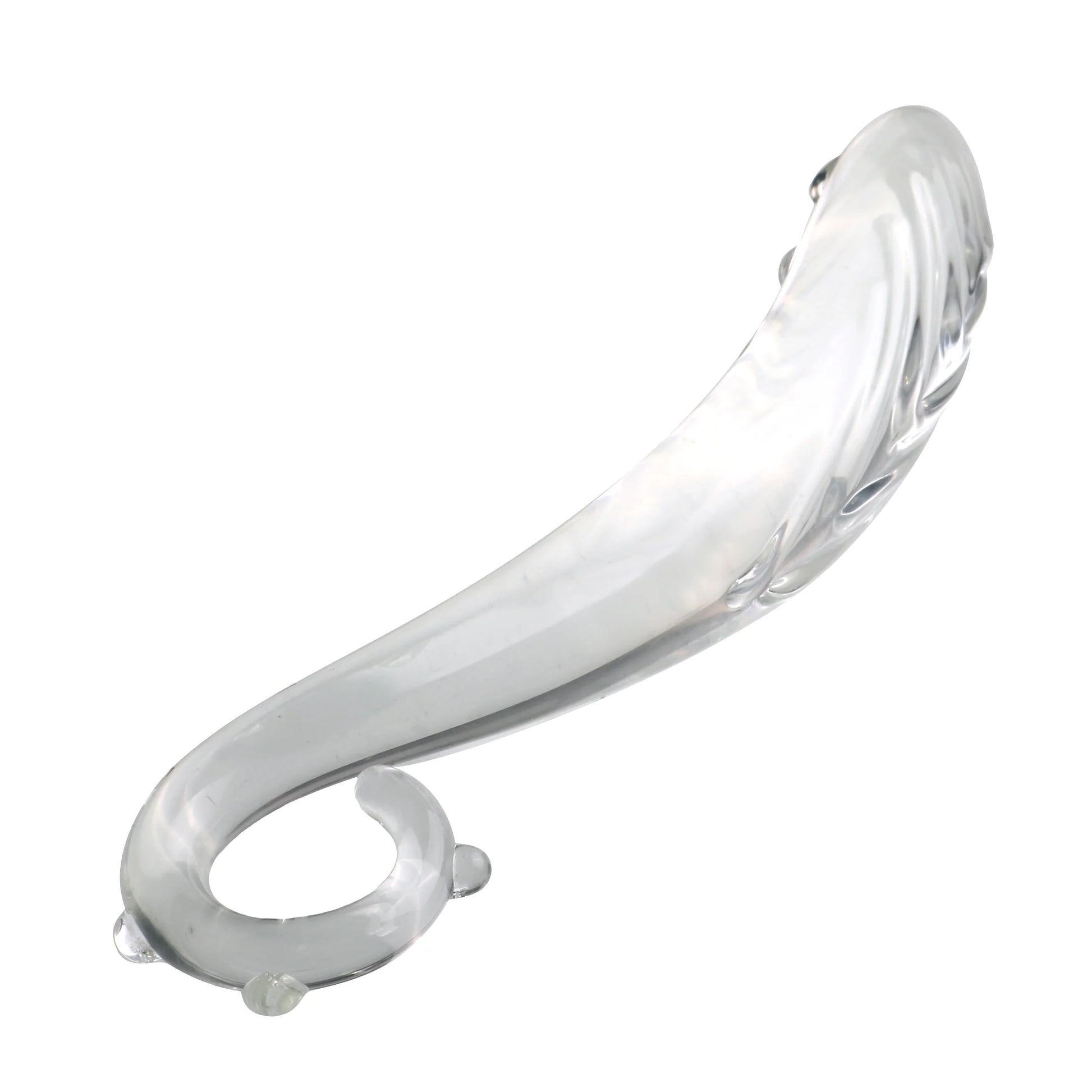 Upright clear glass tentacle fantasy wand in the slender slim wave design against a white background.