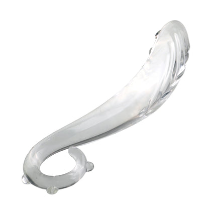 Upright clear glass tentacle fantasy wand in the slender slim wave design against a white background.