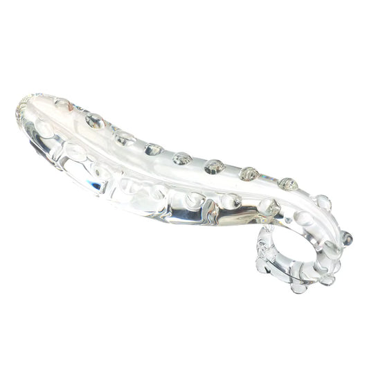 Clear glass tentacle fantasy wand in the heavy thick curl shape resting horizontally on a plain white background.