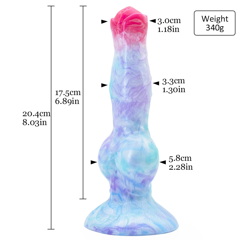 Dimensions of the pastel galaxy swirl fantasy knot dildo showing length, width, and knot size.