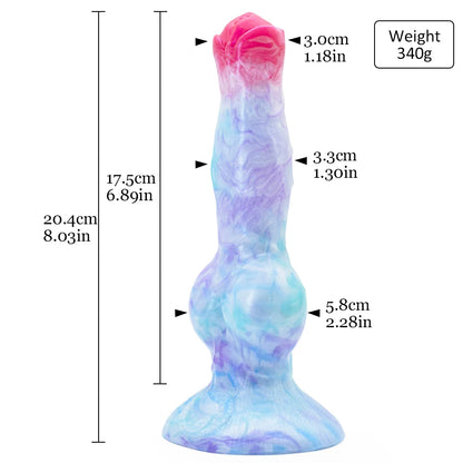 Dimensions of the pastel galaxy swirl fantasy knot dildo showing length, width, and knot size.