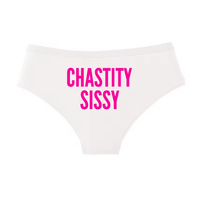 Submissive white and pink undies with 'Chastity Sissy' slogan. Sissy training and forced feminization apparel.