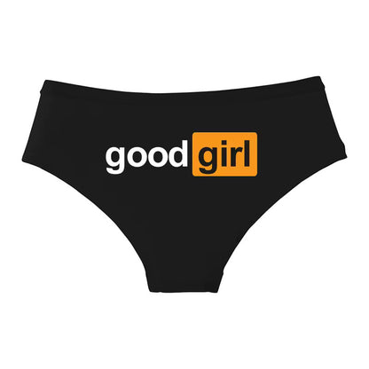 Cute black undies featuring a Good Girl logo design. Kawaii BDSM playwear and ageplay aesthetic.