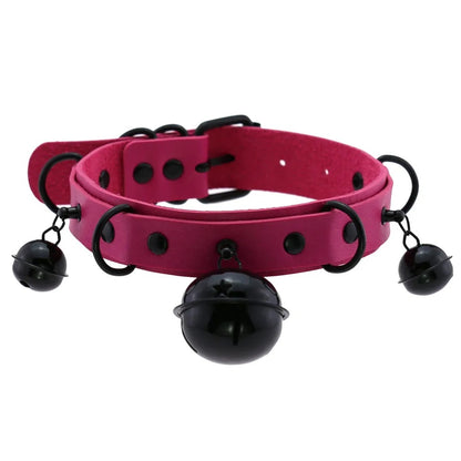 The vibrant hot pink magenta leather kitty bell collar variation with matte black hardware accents.