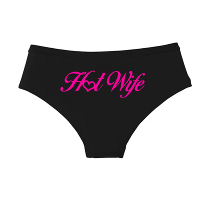 Seamless black undies featuring 'Hot Wife' text. Sexy alternative fashion for cuckold relationships.