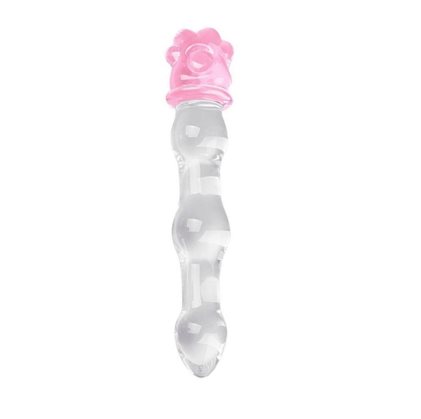 Upright clear glass dildo with a ribbed shaft and a pink 3D paw print handle, designed for kawaii pet play and BDSM.