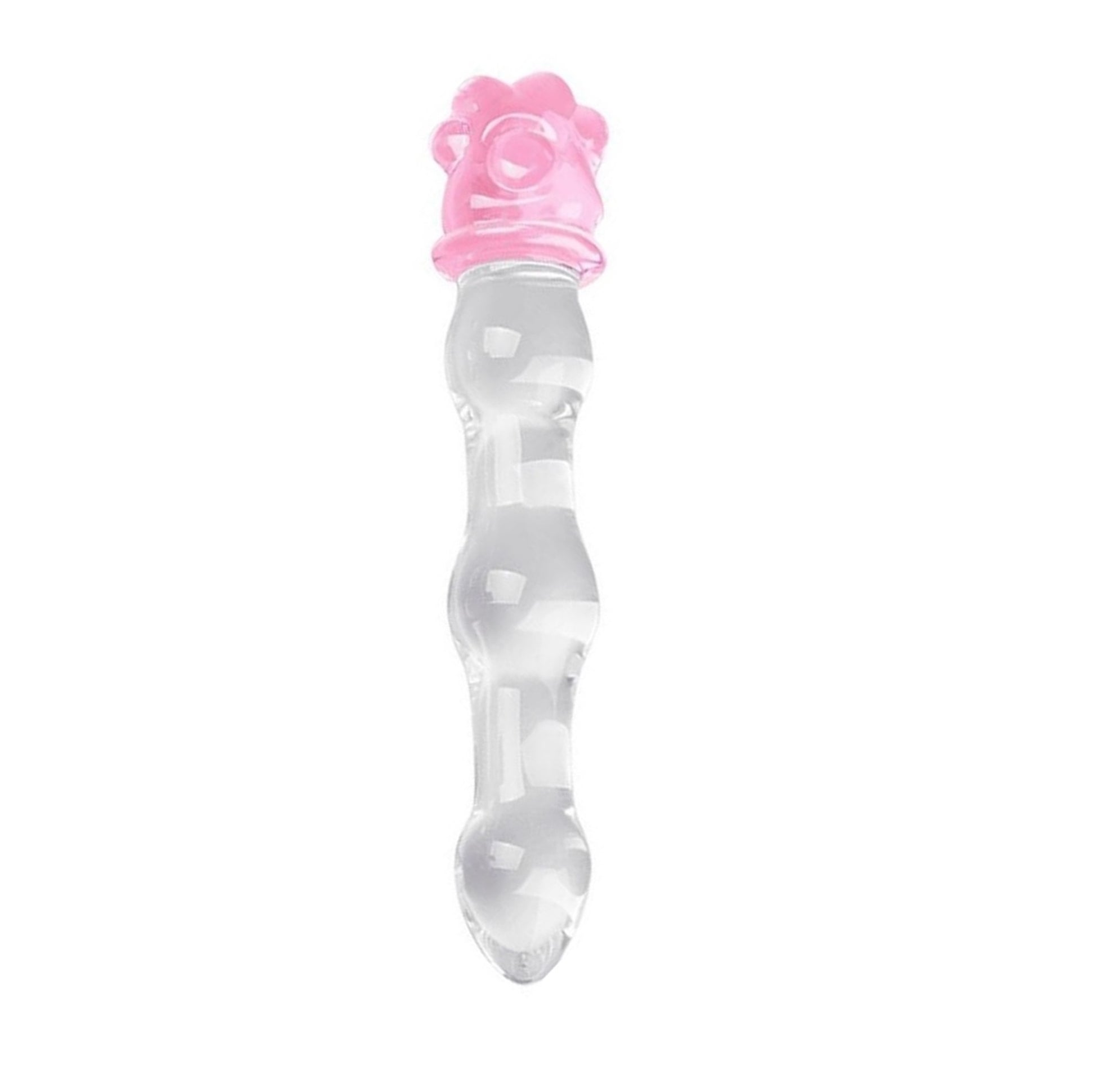 Upright clear glass dildo with a ribbed shaft and a pink 3D paw print handle, designed for kawaii pet play and BDSM.