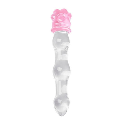 Upright clear glass dildo with a ribbed shaft and a pink 3D paw print handle, designed for kawaii pet play and BDSM.