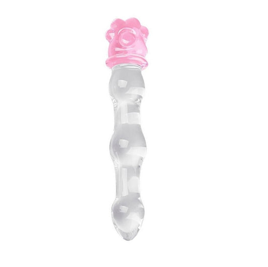 Upright clear glass dildo with a ribbed shaft and a pink 3D paw print handle, designed for kawaii pet play and BDSM.