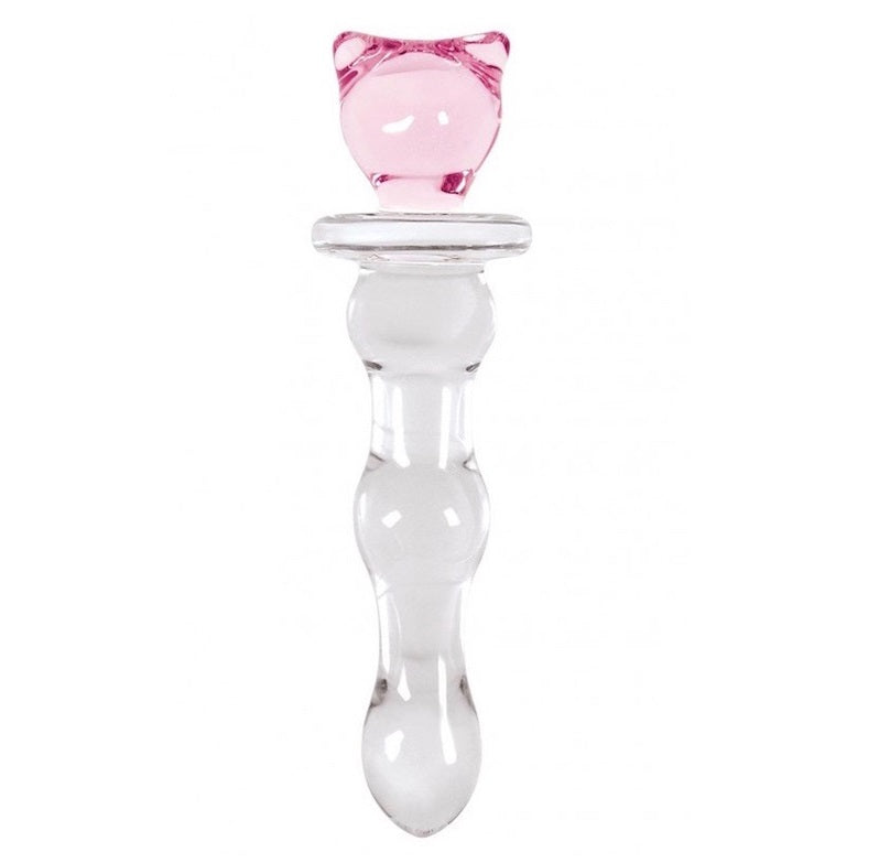 Upright clear borosilicate glass pleasure wand featuring smooth graduated bulbs and an adorable pink kitty head handle for pet play BDSM.