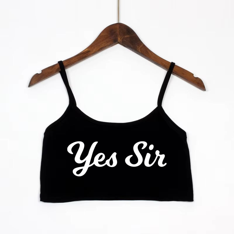 Black 'Yes Sir' cursive text slogan cami top. Submissive and BDSM aesthetic clothing
