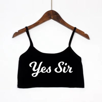 Black 'Yes Sir' cursive text slogan cami top. Submissive and BDSM aesthetic clothing