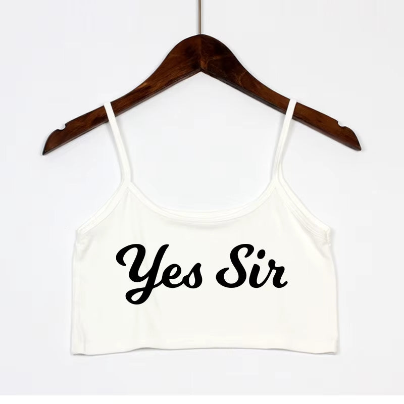 White stretchy crop top featuring 'Yes Sir' text. Kawaii kinky graphic tee