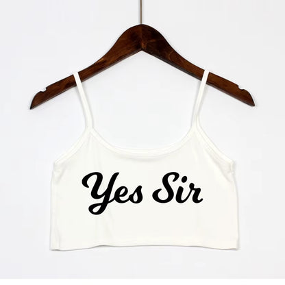 White stretchy crop top featuring 'Yes Sir' text. Kawaii kinky graphic tee