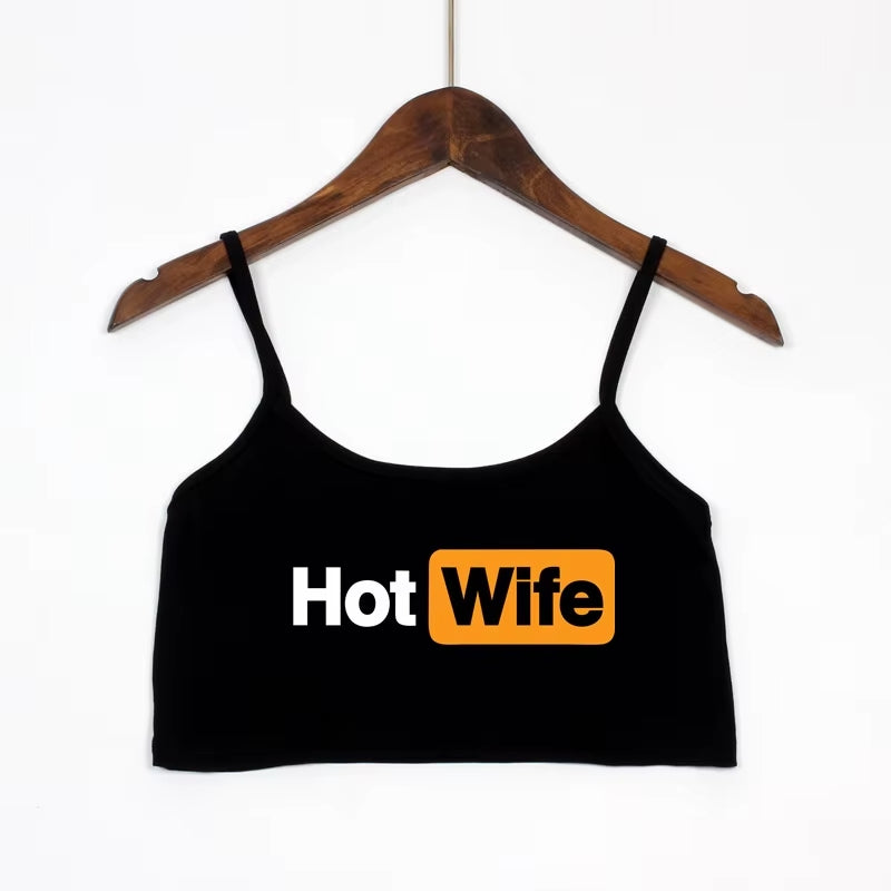 Black spaghetti strap top with Hot Wife Ttext. Sweet and spicy submissive alternative crop top