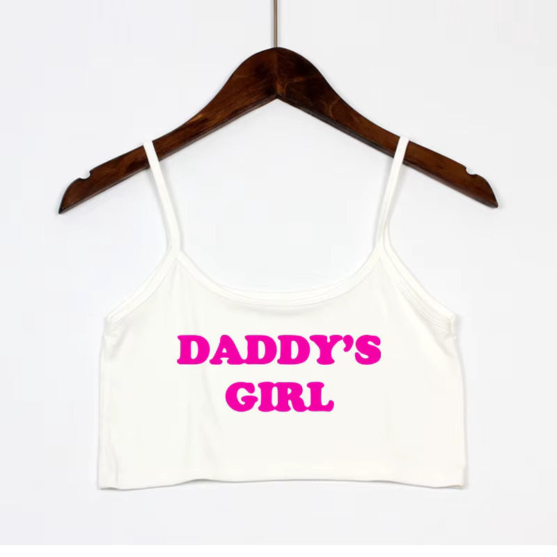 White 'Daddy's Girl' pink text slogan cami. Kawaii BDSM submissive apparel.