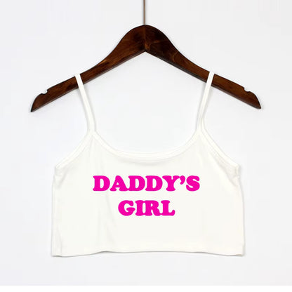 White 'Daddy's Girl' pink text slogan cami. Kawaii BDSM submissive apparel.
