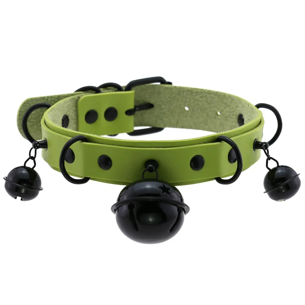 The lime green leather petplay collar variation accented with contrasting black metal hardware and a black central bell.