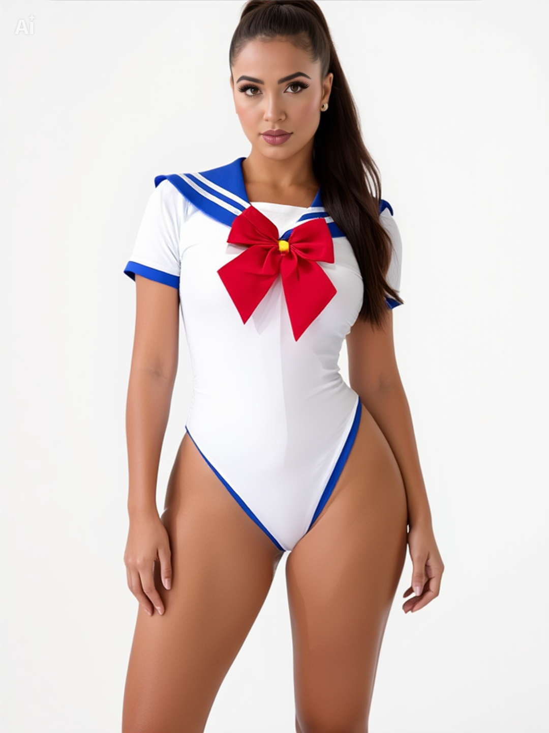 White snap-crotch sailor bodysuit with red bow and blue trim, high-cut leg style
