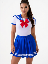 Sailor Moon inspired onesie and blue pleated skirt set for Kawaii BDSM fashion, sizes XS to XL