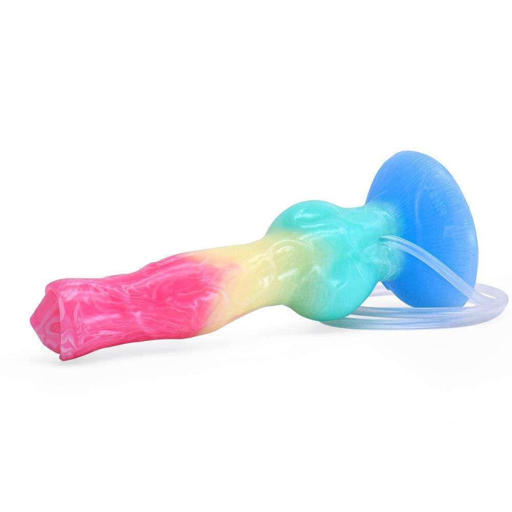 Pastel rainbow dream fantasy dildo with a yellow, pink, and blue gradient lying horizontally.