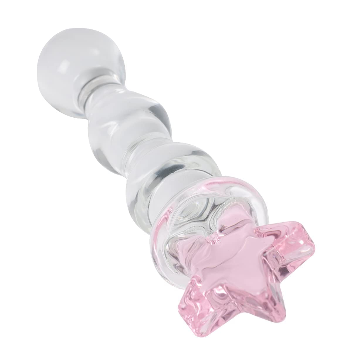 Close-up angled view of the clear glass celestial wand showcasing its smooth ribbed shaft and pastel pink star grip.