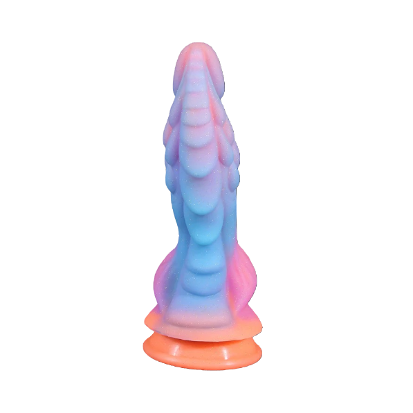 Front view of the kawaii dragon dildo showing the stimulating belly ridges and soft pastel color blend.